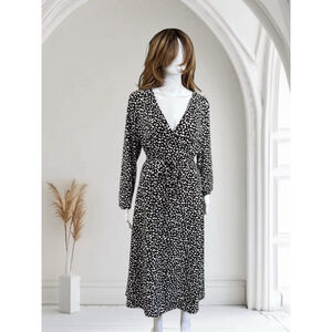 Printer Midi Wrap Dress Size L Black and White